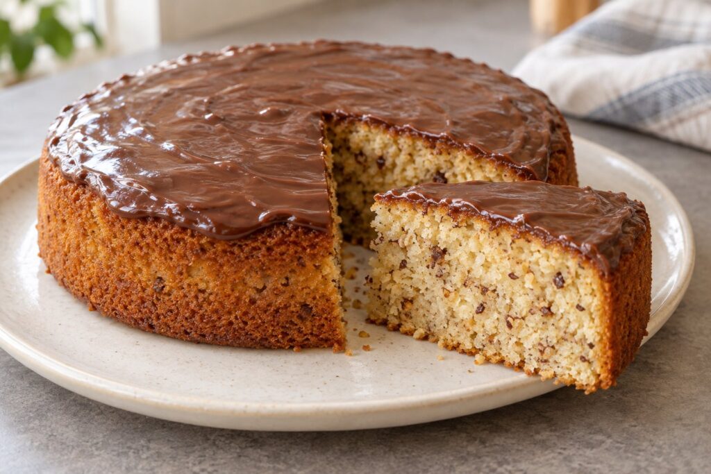 A single-layer cashew-and-coconut chocolate sponge cake with a thin chocolate topping and a cut slice.