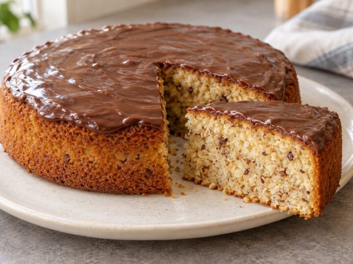 A single-layer cashew-and-coconut chocolate sponge cake with a thin chocolate topping and a cut slice.